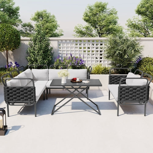 LuneluX_Home – Ensemble canapé d'angle d'extérieur 7 places avec table en verre