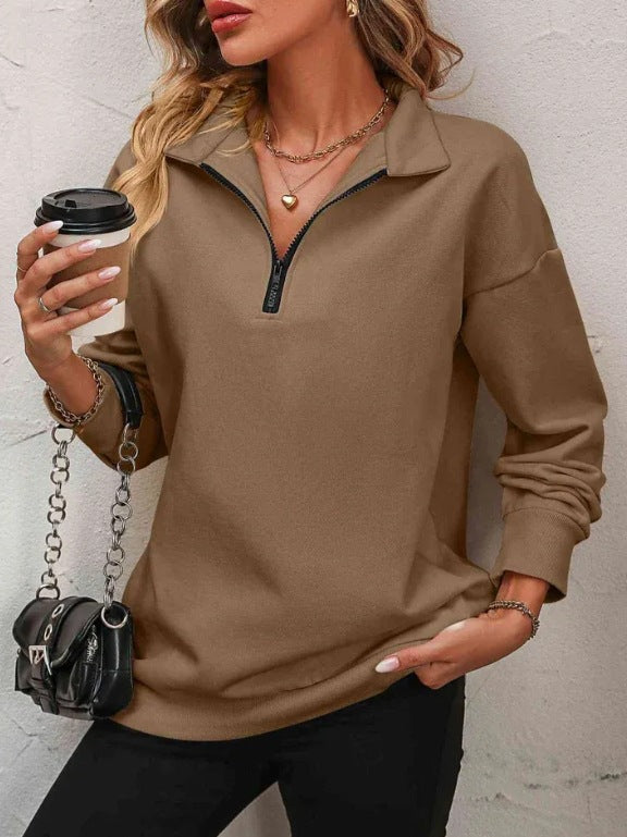 Sweat-shirt zippé mi-manches pour femmes, pull à la mode
