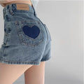 Short en jean trapèze pour femme, style rétro, avec motifs « love »
