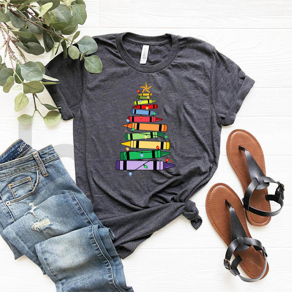 Camiseta de mujer con diseño de árbol de Navidad de crayones