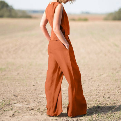 Women's Solid Color Retro Cotton And Linen Long Sleeve Loose Cotton Suit