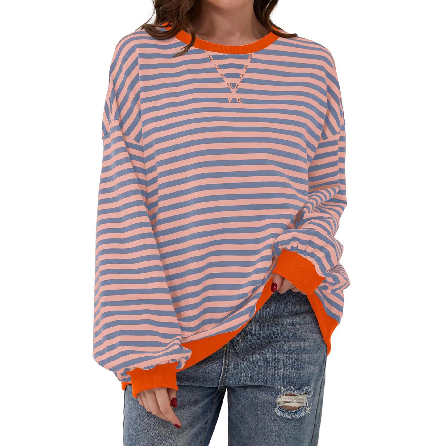 T-shirt ample à manches longues rayé, pull décontracté pour vêtements pour femmes