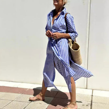 Vestido camisero a rayas con cinturón, a la moda, de media manga, solapa, botones, cárdigan, vestidos de ropa de mujer