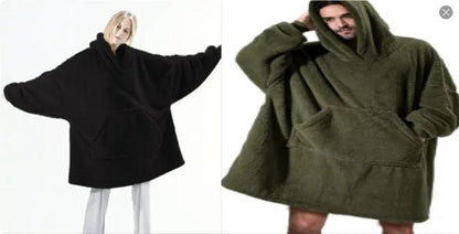 Hoodie blanket by AdTec with large front pocket; 2 oversized double-sided fleece wearable blankets in black and olive
