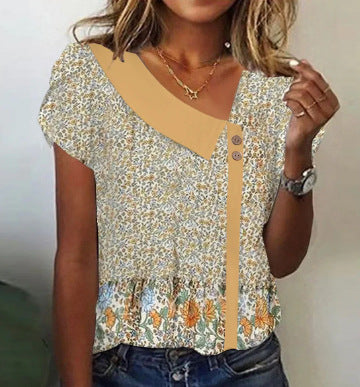 Camiseta de manga corta con cuello diagonal informal