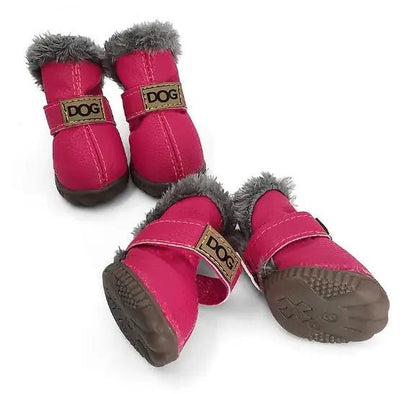 Dog winter boots AdTec pink with grey faux fur trim; 3 boots shown.