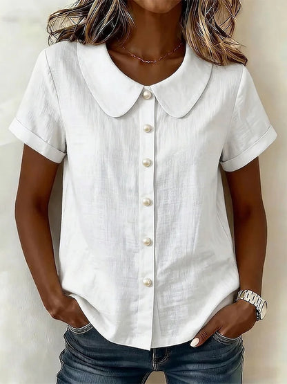 Womens Solid-Colored Short-Sleeve Casual Loose Cotton-Linen Shirt