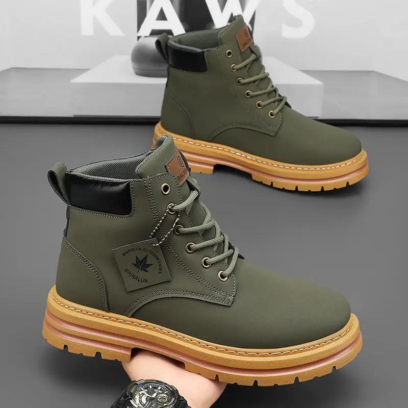 AdTec winter workwear boots, olive green with tan lug soles, lace-up ankle boots (2 shown)