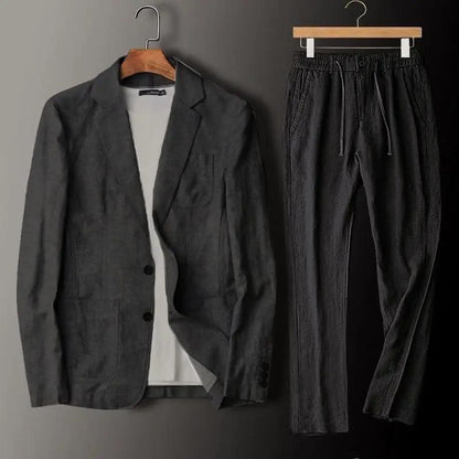 Men's 2-piece linen suit set: blazer and pants in charcoal gray, lightweight and breathable
