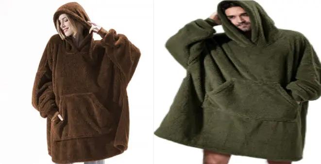 Two AdTec hoodie fleece wearable blankets with large front pockets, brown and olive green, double-sided fleece.