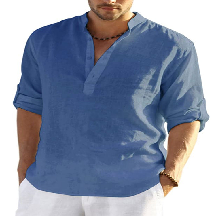 Camisa de manga larga de algodón y lino para hombre, color sólido, cuello levantado, holgada