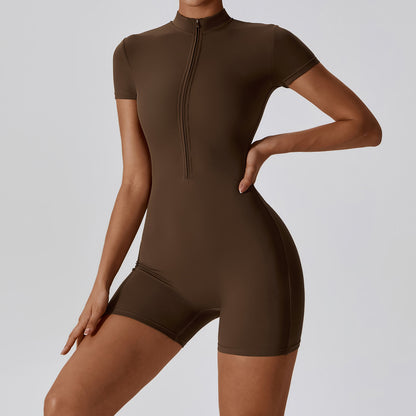 Combinaison de yoga zippée à manches courtes pour femme