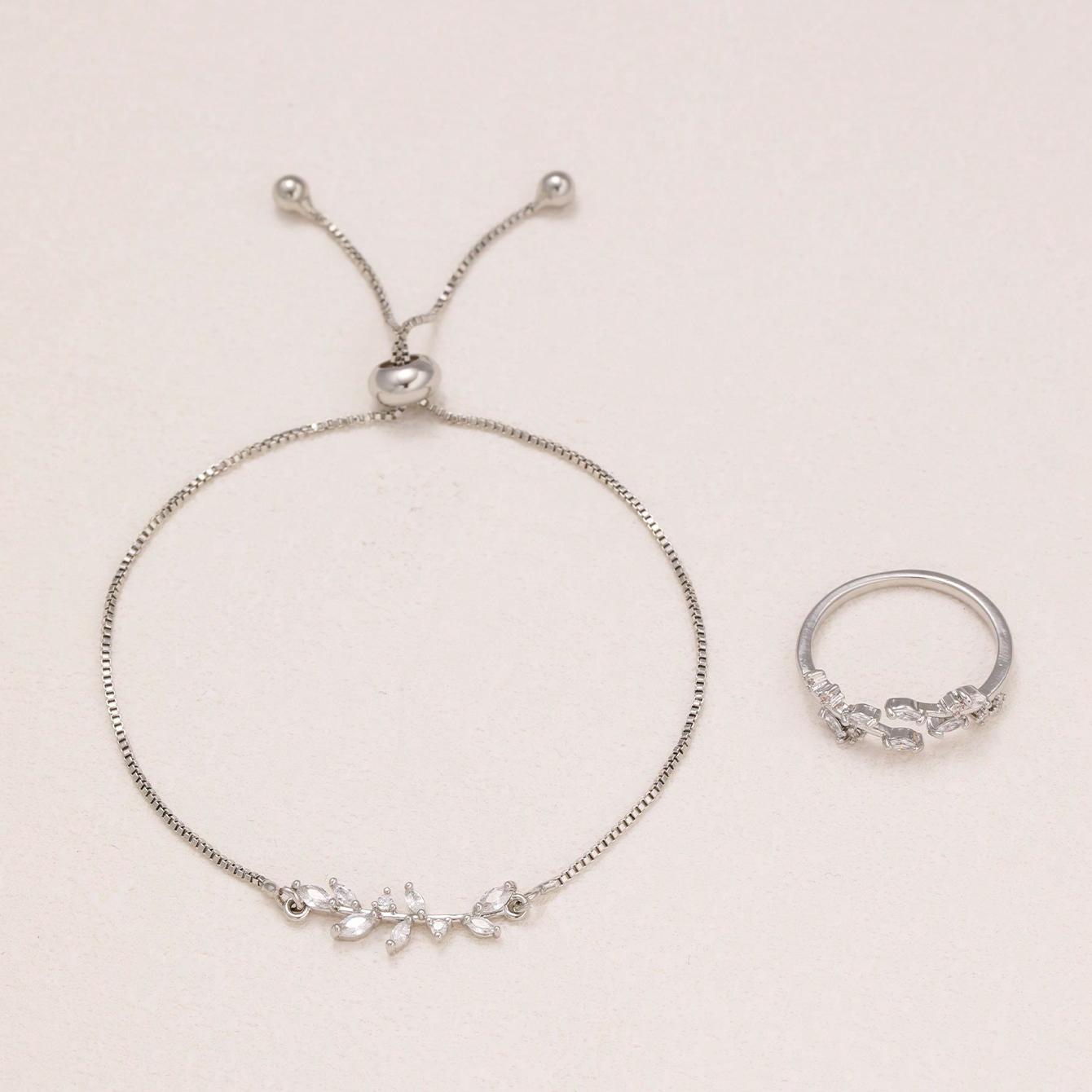 2 pulseras y anillos de circonita de cristal con forma de ojo de caballo de plata, pulsera elástica adecuada para trajes de diario y festivos de mujer