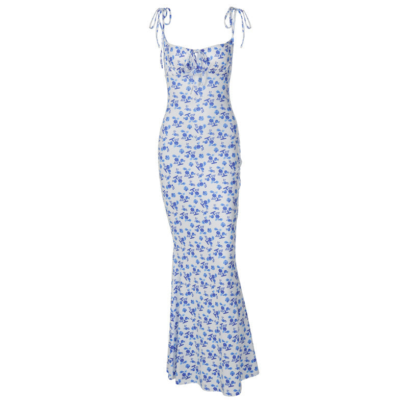 Vestido Largo de Verano con Tirantes Estampado Floral y Cordones Delgado sin Espalda para Mujer