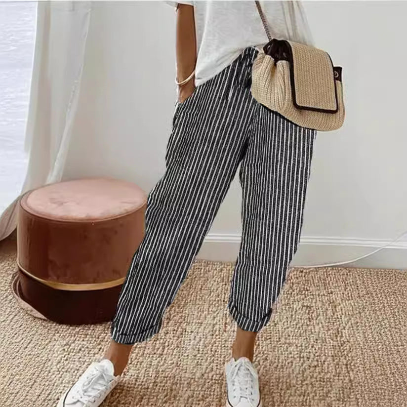 Pantalon décontracté d'été à rayures, ample, taille élastique pour femme