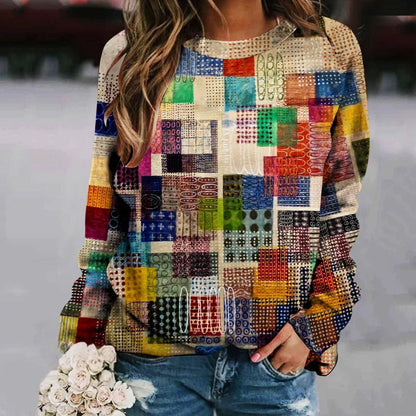 Pull femme à manches longues raglan, col rond et imprimé patchwork