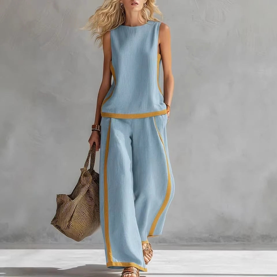 Ensemble Top Ample Sans Manches Col Rond et Pantalon Large Fluide Taille Haute