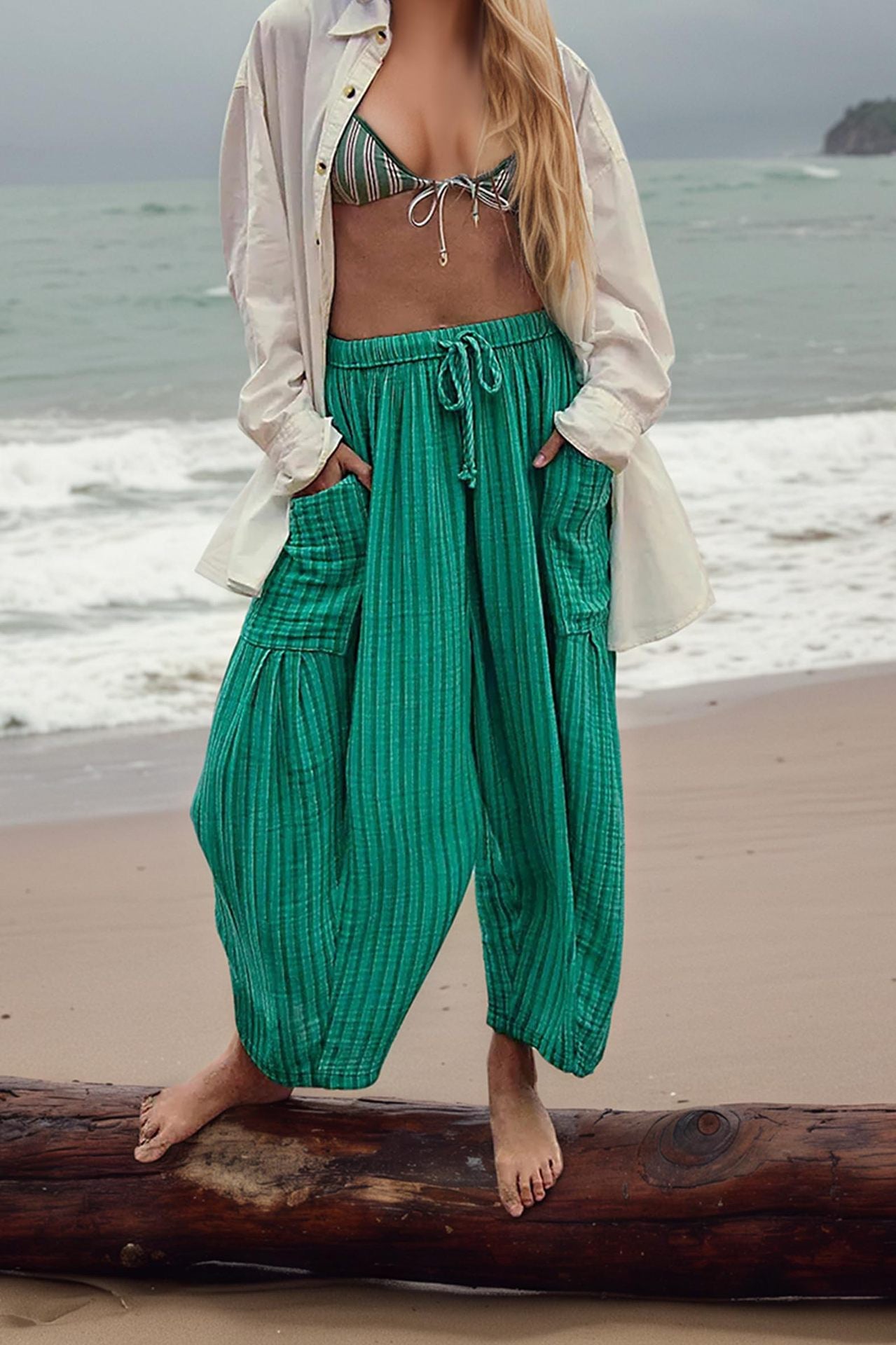 Striped Straight-leg Pants Elastic Waist Cropped Pleated Pants