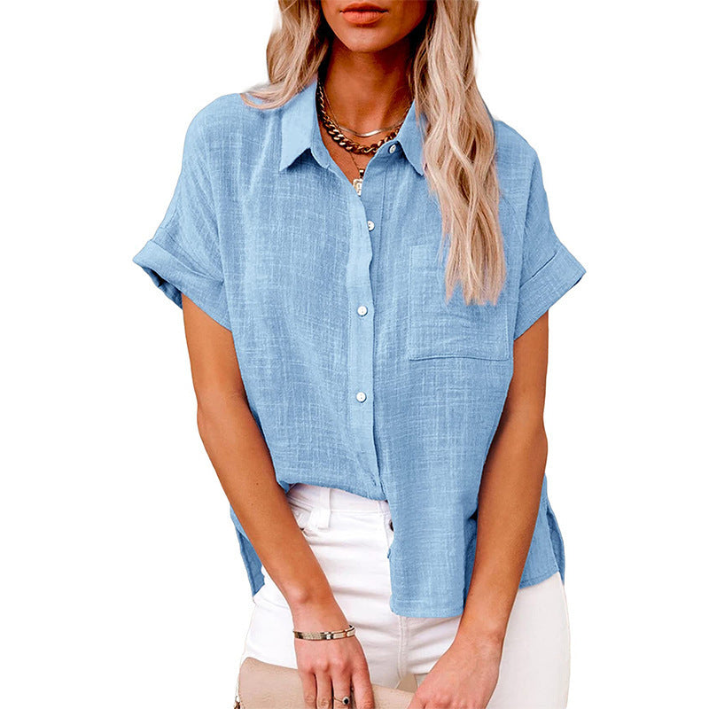 Chemisier Femme Coton Lin Décontracté Manches Courtes à Poche