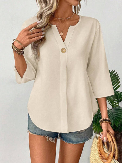 Chemise décontractée unie ample avec petit col en V et boutons