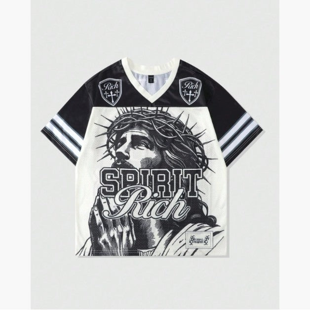 T-shirt rétro avec lettre en polyester, maille style américain rétro