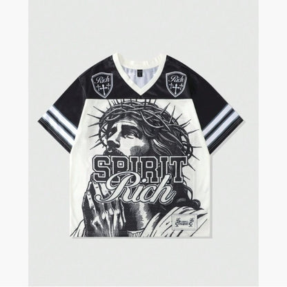 T-shirt rétro avec lettre en polyester, maille style américain rétro
