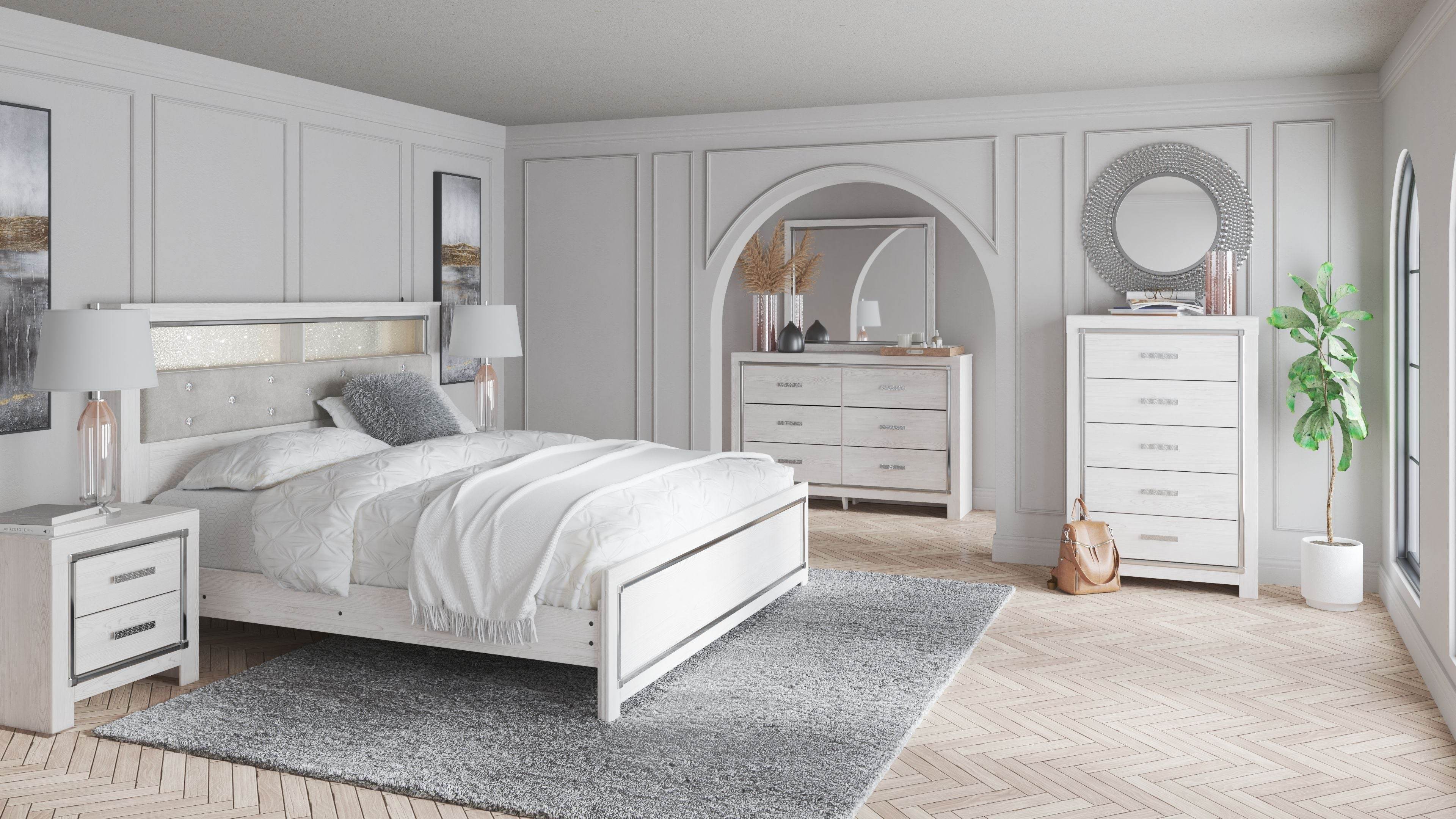White Altyra Queen/king Sleigh Panel Bookcase Bed 5/7 Pc Bedroom Set Furniture-0
