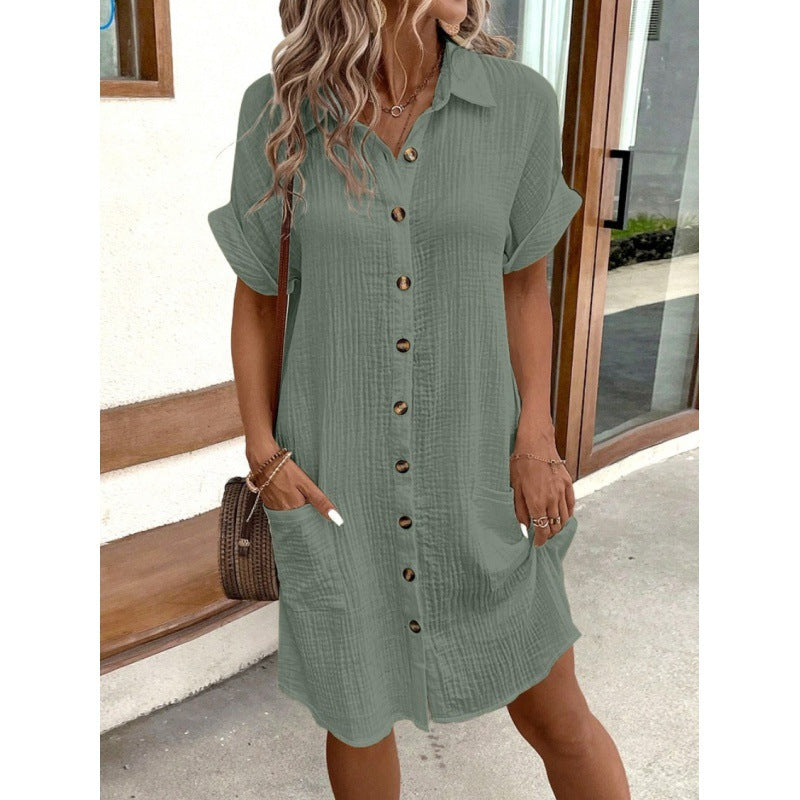 Robe chemise en coton et lin à col en V boutonnée pour femme, simplicité estivale