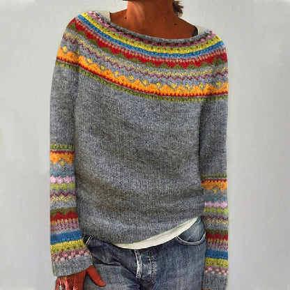 Pull en maille décontracté ample à col rond multicolore pour femme