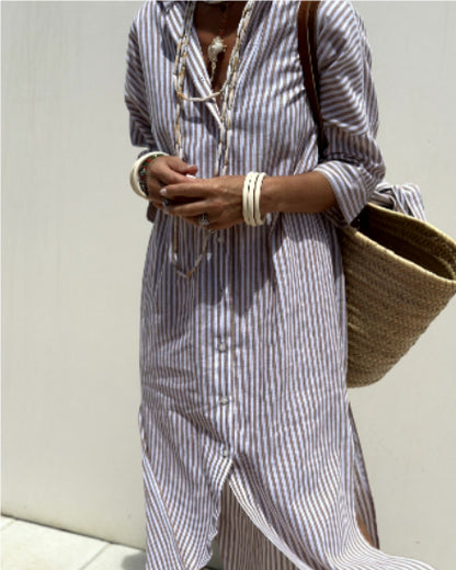 Vestido camisero a rayas con cinturón, a la moda, de media manga, solapa, botones, cárdigan, vestidos de ropa de mujer