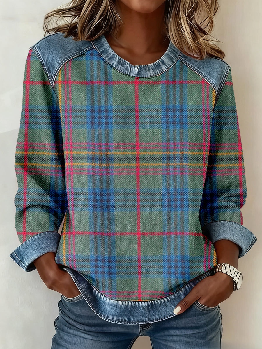 Haut en maille patchwork à col en jean et manches longues