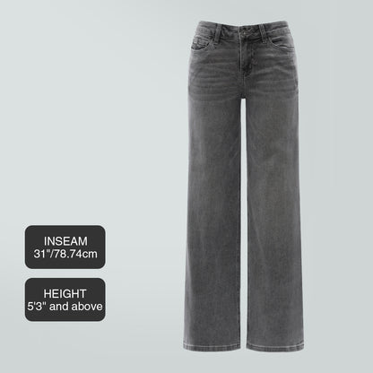 Jean droit en denim taille mi-basse à basse, très élastique, doux et rehaussant les hanches, à jambe large