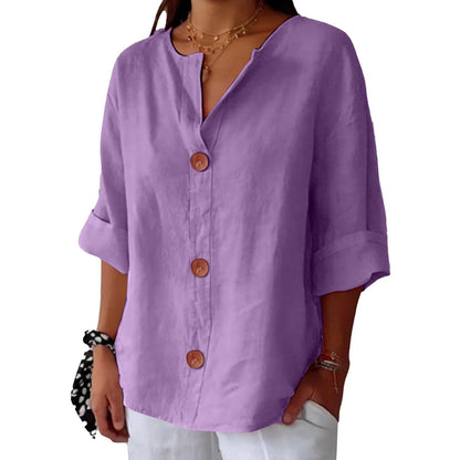 Chemisier boutonné femme en coton et lin col en V