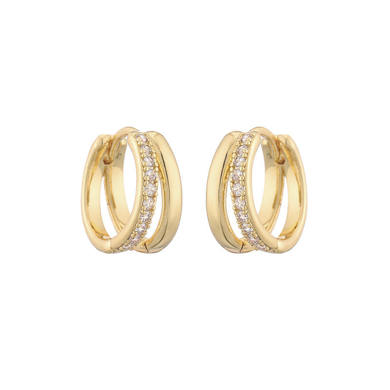 Boucle d'oreille double couche creuse en zircon en forme de cercle, style japonais et coréen, à la mode et élégante