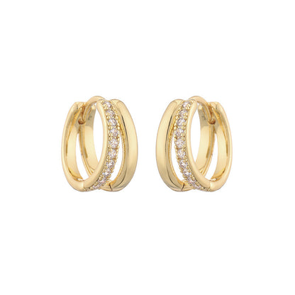 Boucle d'oreille double couche creuse en zircon en forme de cercle, style japonais et coréen, à la mode et élégante