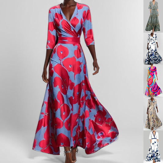 Robe mi-manches à col en V imprimé mode, taille ajustée et moulante pour femmes