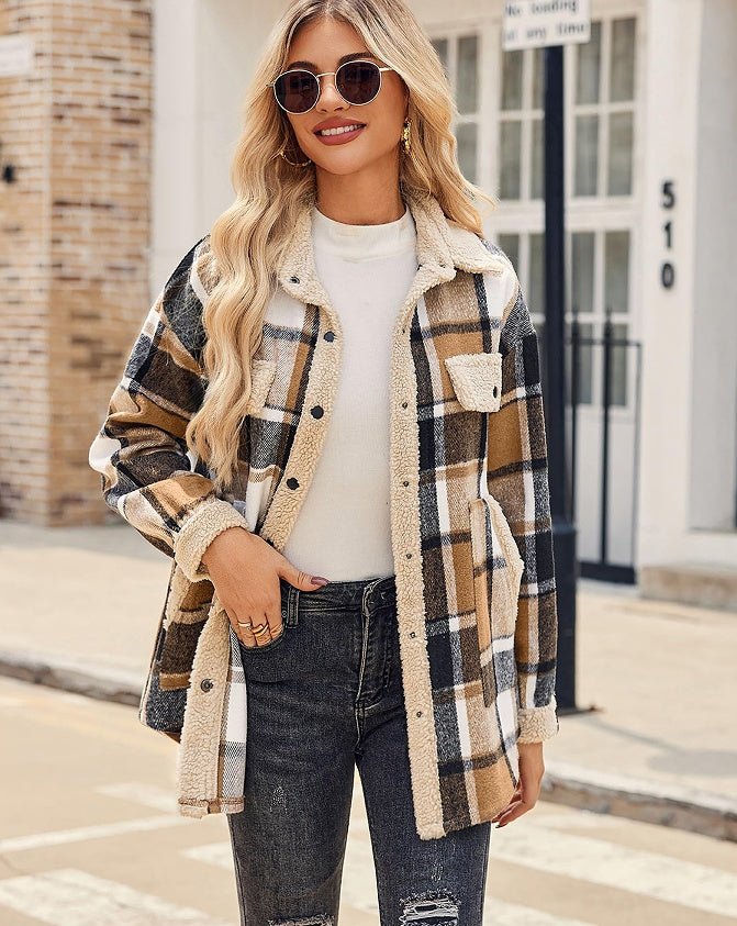 Veste décontractée en velours à col polo et à carreaux de couleur contrastée pour femme