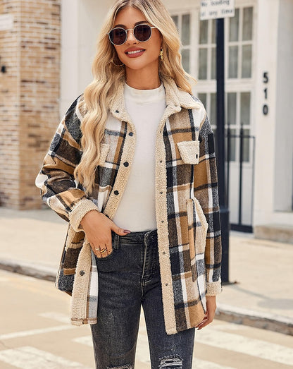 Veste décontractée en velours à col polo et à carreaux de couleur contrastée pour femme