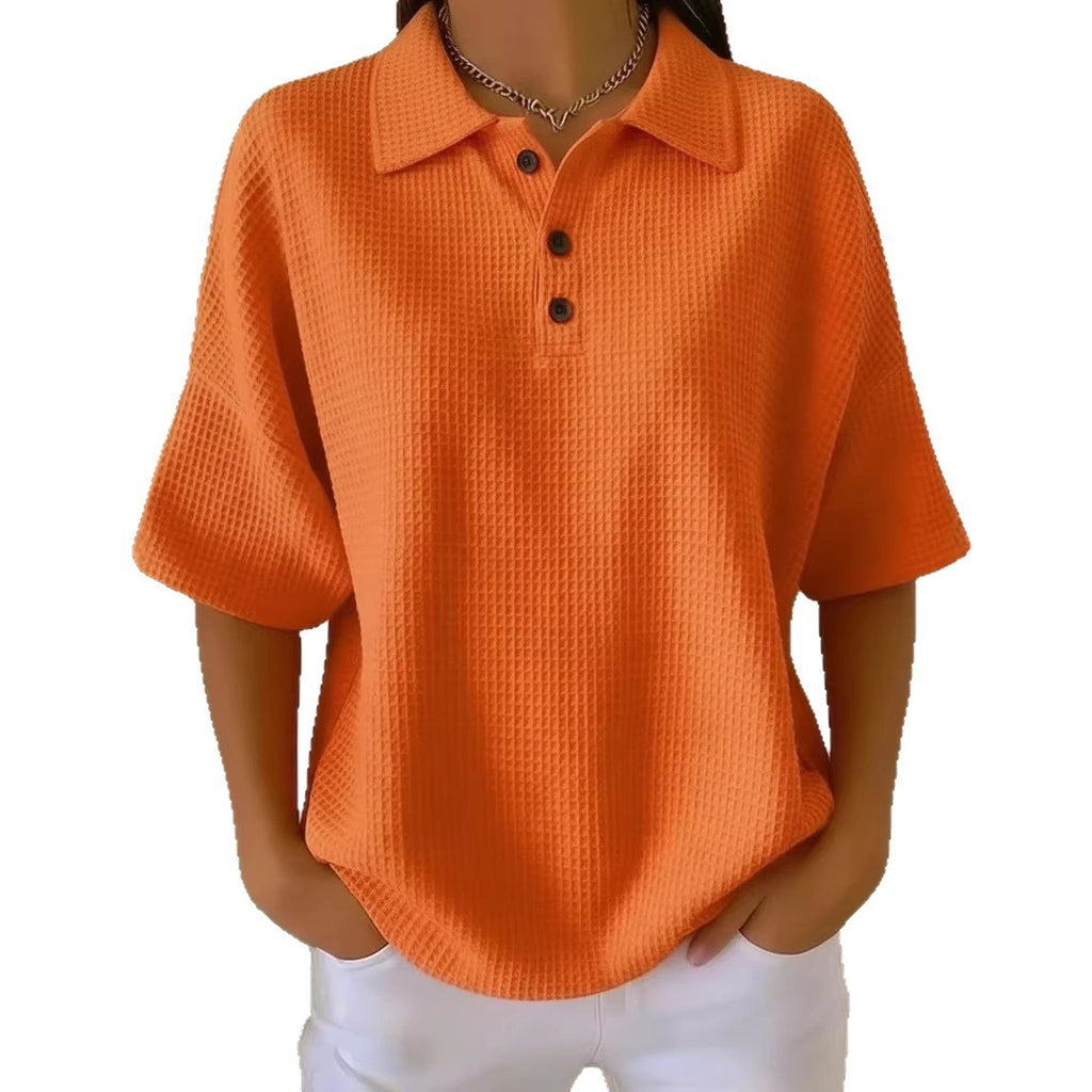 Buttoned Waffle-knit Short-sleeve T-shirt Solid-color Pullover Top