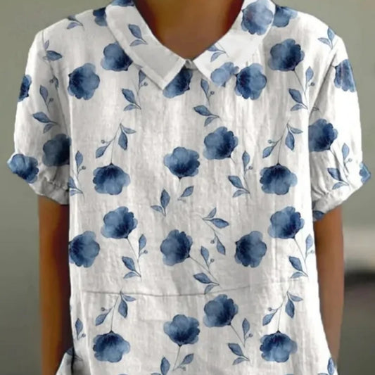 Camiseta de mujer de manga corta con solapa y estampado veraniego