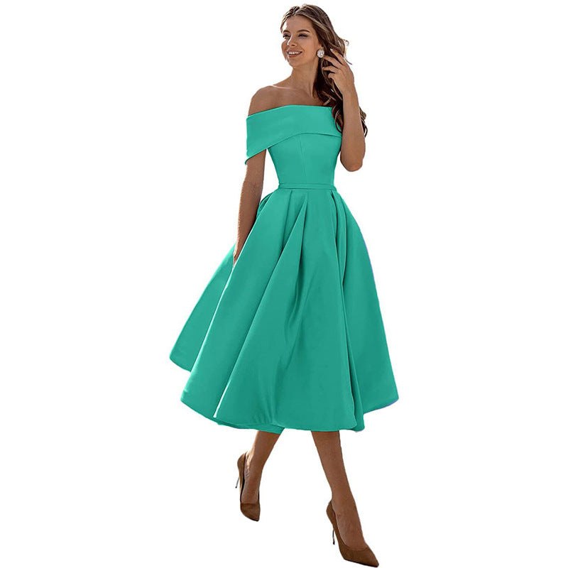 Robe de Soirée Formelle en Satin pour Femme sans Bretelles, Coupe Décontractée, Longueur Thé, Épaules Dénudées, avec Poches