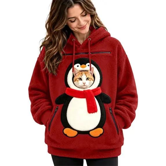 Pet Christmas 3D-Printed Hooded Pullover Sweatshirt by AdTec, red fleece with penguin and cat graphic