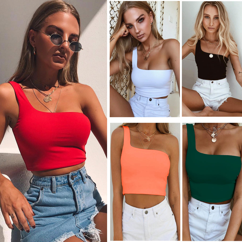 Verano Sexy Chaleco de un Solo Hombro Top Corto sin Mangas Camisetas sin Mangas Ropa de Mujer