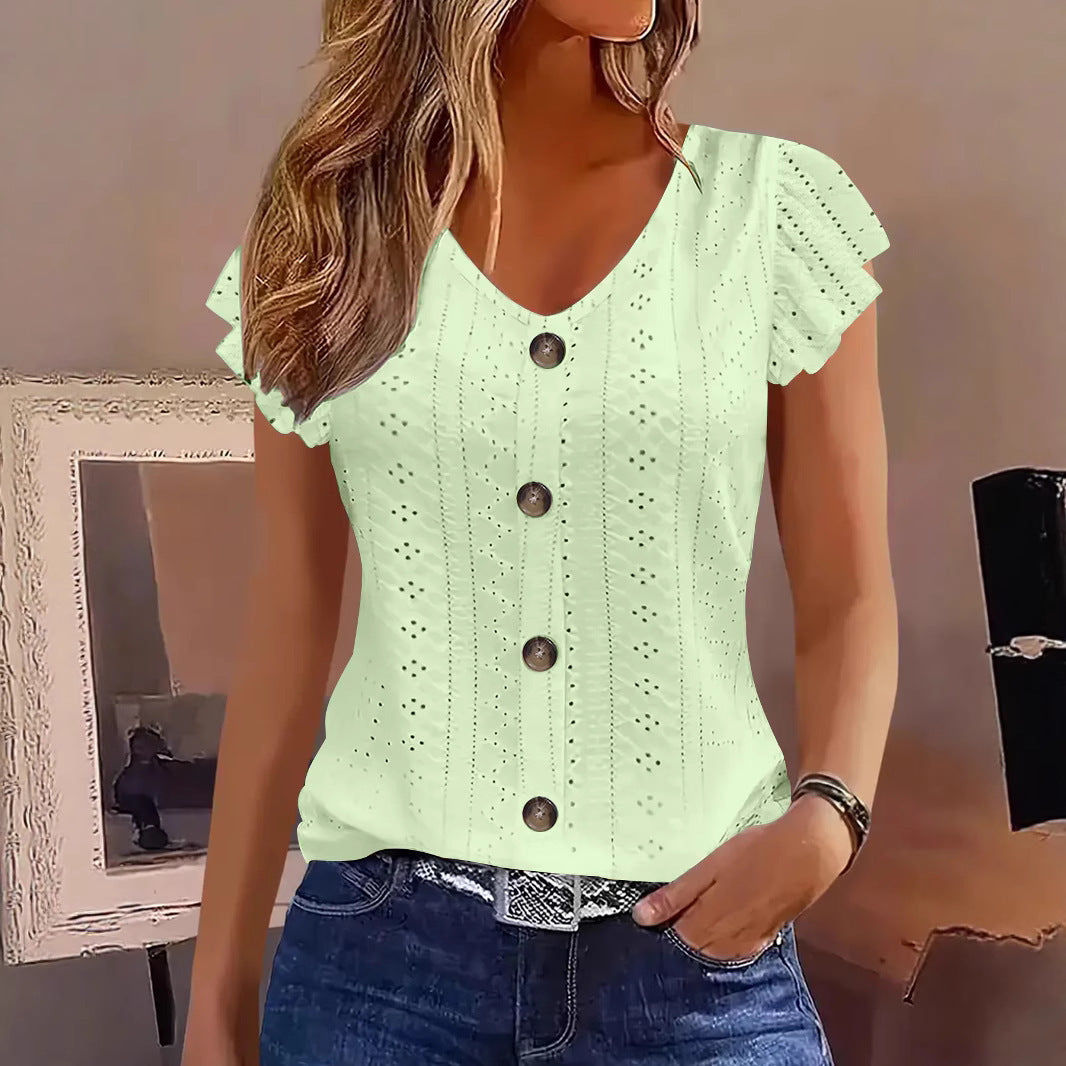 Camiseta de manga larga con cuello de pico y botones, jacquard de color liso