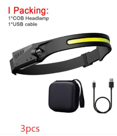 Linterna frontal de inducción LED COB, recargable por USB, resistente al agua, para camping, con todas las perspectivas, luz de caza