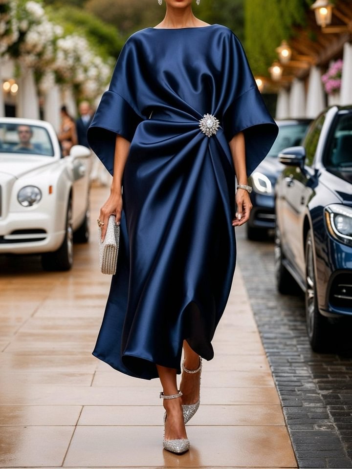 Elegante Vestido Largo de Satén para Mujer con Diseño de Viaje, Decoración de Flores de Perlas, Cintura Alta y Falda Irregular