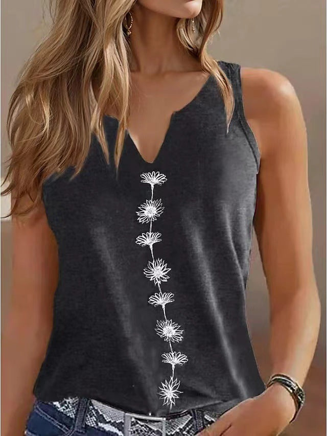 Camiseta sin mangas suelta informal con estampado de S y cuello en V para mujer