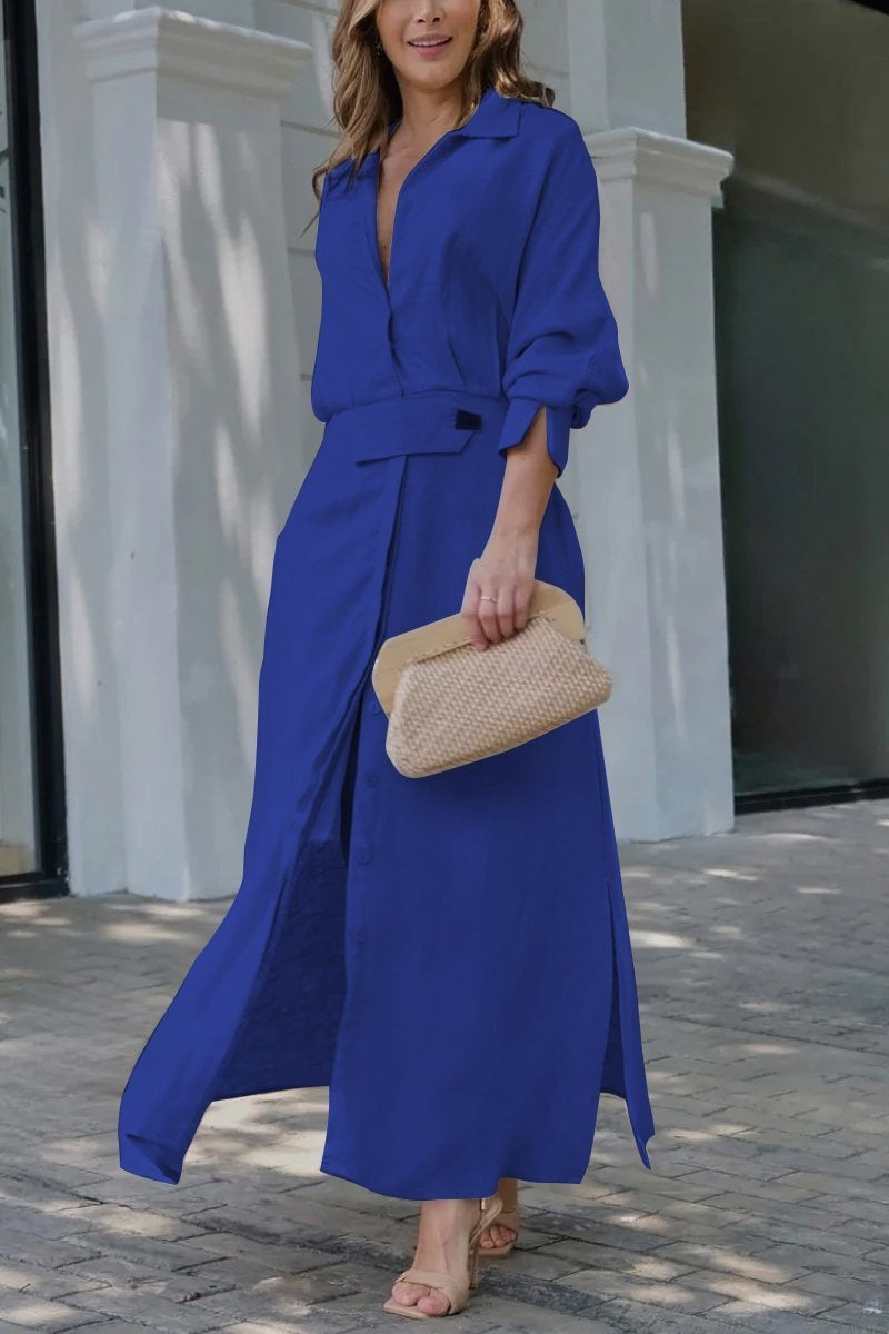 Robe chemise élégante à manches longues, unie et cintrée pour femme