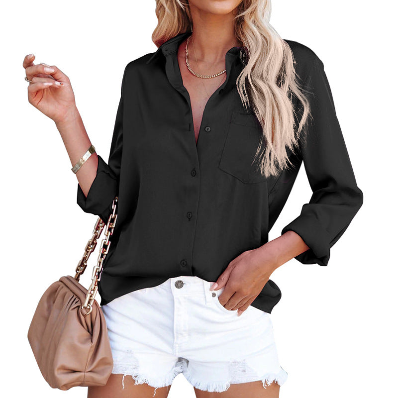Chemise de bureau en satin à manches longues et col en V pour femme