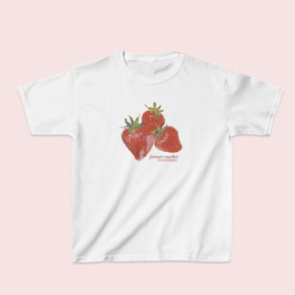 T-shirt décontracté à manches courtes, col rond et imprimé fraise